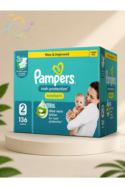 Pampers Aloe Vera, Size 2, Mini, 3-8kg, Jumbo Pack, 136 Taped Diapers