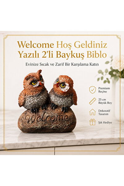 e-life shop Welcome Hoş Geldiniz Yazılı 2'li Baykuş Biblo 25 cm Reçine Dekora...