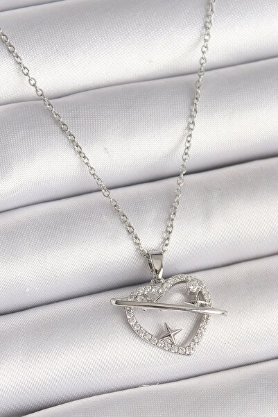 Inure Jewelry قلادة نسائية من الفولاذ 316L بلون فضي مع حجر الزركون على شكل قل...