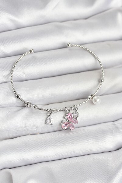 Inure Jewelry Silver Color Women's Bracelet with Pink Butterfly Charm