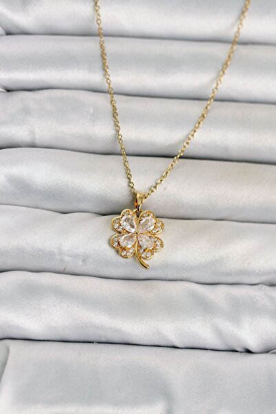 Inure Jewelry سلسلة من الفولاذ 316L باللون الذهبي موديل البرسيم ذو الأوراق ال...