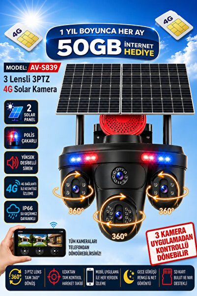 TRCharger S839 15MP 3 Kameralı 4G SIM Kartlı Solar Güvenlik Kamerası Çift Pan...