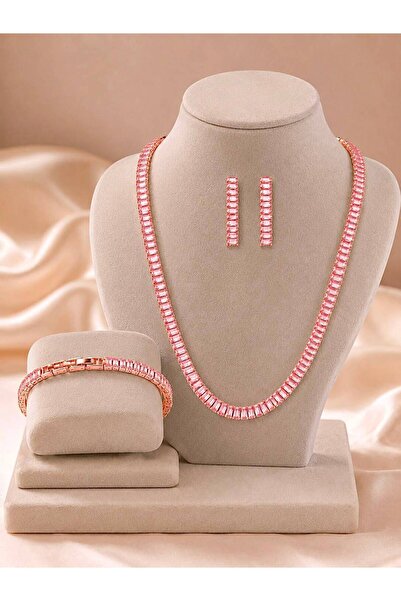 Simovia Pembe 5 mm Baget Taşlı Su Yolu Rose Kolye Bileklik Küpe 3'lü Set