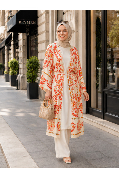 forte bella Trend Etnik Desen Tesettür Pamuklu Viskon Kuşaklı Kimono