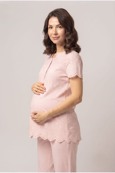 LOHOUSE Women's Powder Linen Scalloped Lace Maternity Pajama Set