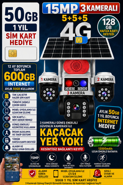 3 Kameralı Panelli 15MP Güvenlik Kamerası | Kırmızı & Mavi LED| Her Ay 10GB 1 Yıl Hediye 4G Sim Kart