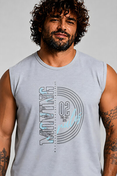 Starbattal Large Size Printed Sleeveless T-Shirt Moving 26122 Gray Melange