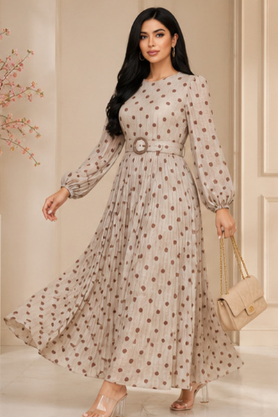 FIRST STYLE فستان تركي طويل غاية في الأناقة تصميم بليسيه بيج منقط ببني وبياقة...