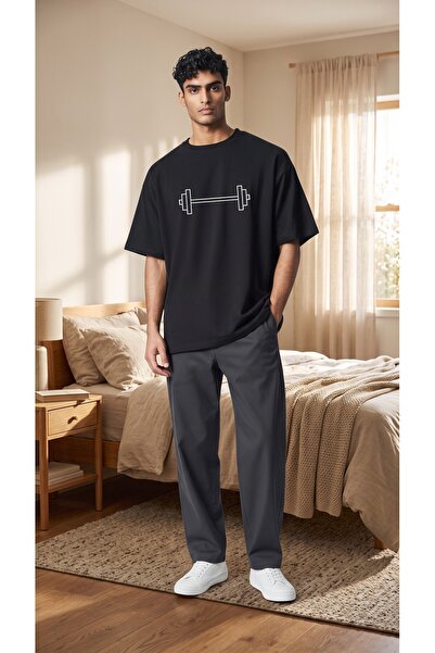 %100 Pamuk Barbell Minimal Gym Tasarım Unisex Oversize Tişört
