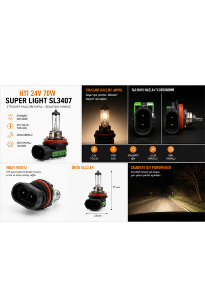 Genel Markalar Superlight H11 24V 70W Halojen Standart Oto Ampulü - SL3407 (K...