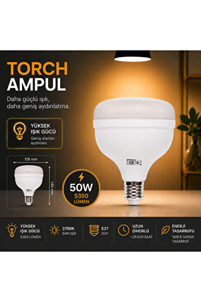 repplam 50W Torch Ampul Sarı Işık 5350 Lümen Yüksek Işık Büyük Ampul