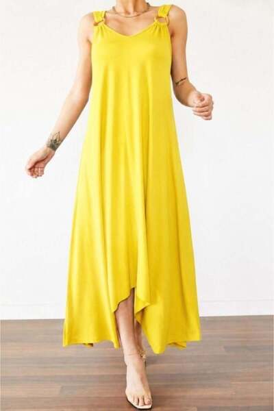 Generic Brand Women's Strappy V-Neck Viscose Maxi Dress with Ring Detail and ...