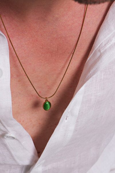 Fjellor Nelvarin Green Natural Stone Detailed, Gold Color Snake Chain Men's S...