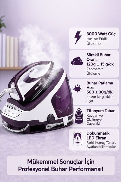 Yasomi Powersteam 3000w Titanyum Taban Dokunmatik Ekran Buhar Kazanlı Ütü