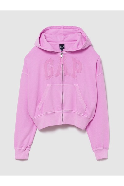 GAP Kadın Pembe Fransız Havlu Kumaş Oversized Logo Fermuarlı Sweatshirt