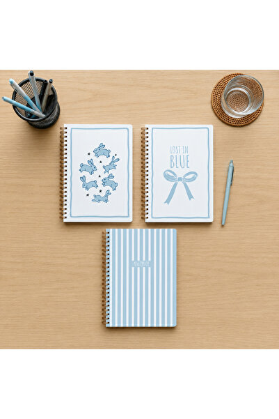 lin notebook A5 15x21 cm 3’lü Spiral Kareli Defter Seti - 80 Yaprak Mavi Tavş...