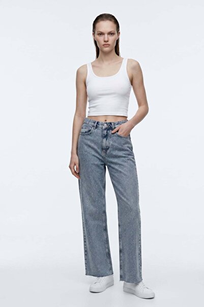 HAKKE High Waist Loose Fit Stone Embellished Jean Trousers