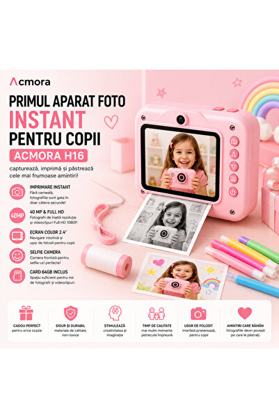 Acmora Aparat Foto pentru Copii H16, Imprimare Termica Fara Cerneala, 40MP, S...