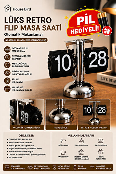 House Bird Lüks Retro Flip Masa Saati Pil Hediyeli Otomatik Mekanizmalı Metal...