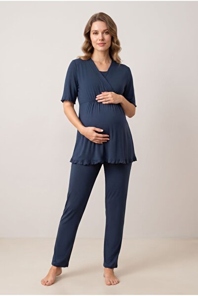 Pelin Women's Navy Blue New Season 2-Piece Maternity Pajama Set with Breastfe...