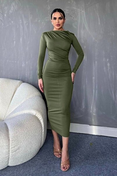 Modamorfo Khaki Colored Long Skuba Dress - Side Detail