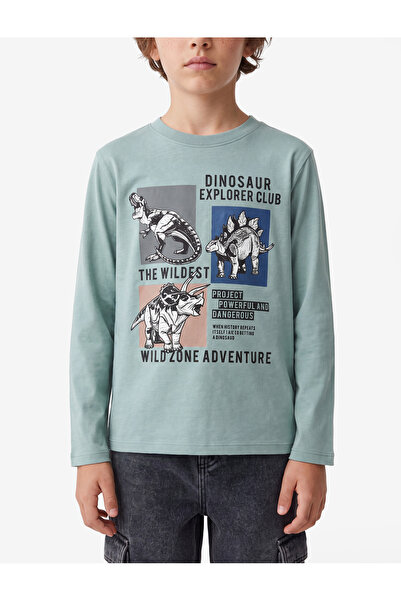 Koton Tricou din bumbac cu mânecă lungă cu decolteu cu imprimeu dinozaur