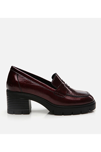 Hotiç Kadın Rugan Deri Bordo Topuklu Klasik Loafer