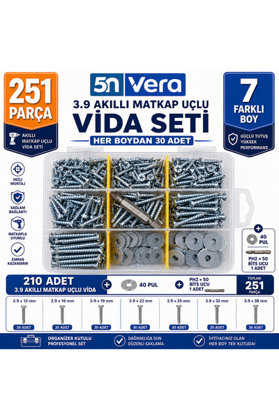 5NVERA 5N VERA 3.9 Matkap Uçlu Akıllı Vida Seti 251 Parça Organizer Kutulu | ...