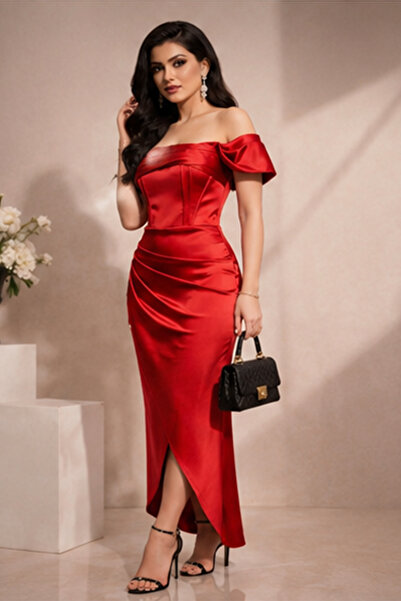 Stylish Fashion فستان من ستايلش فاشن تركي كورسيه عاري الأكتاف باللون الأحمر