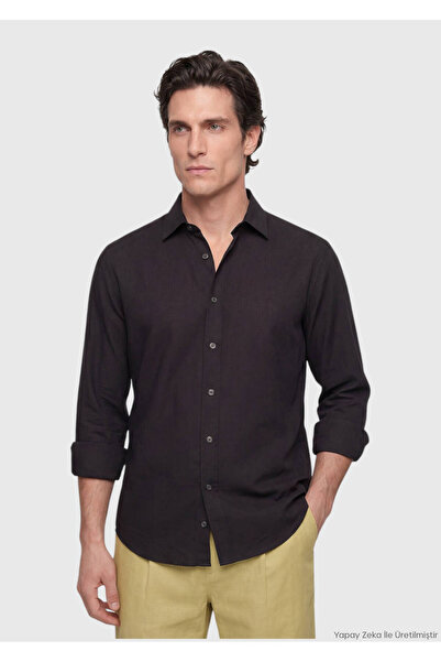 Ramsey Black Plain Casual Fit Long Woven Casual 100% Cotton Shirt
