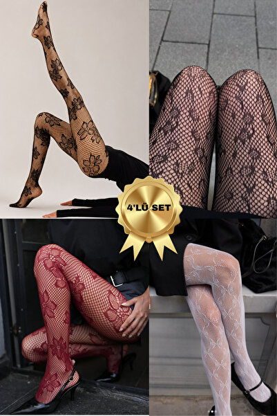 KIRMIZIUNDERWEAR 4’lü Set Siyah,Beyaz,Bordo Karışık Desenli File Kadın Külotl...