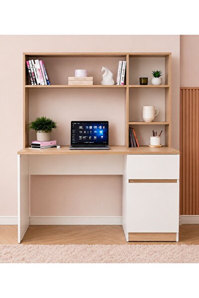 Noiss Home Decor Asel Raflı Çekmeceli Çalışma Masası Bilgisayar Masası Kitapl...