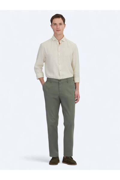 Kip Χακί ίσιο υφαντό Jogging Fit Casual βαμβακερό παντελόνι