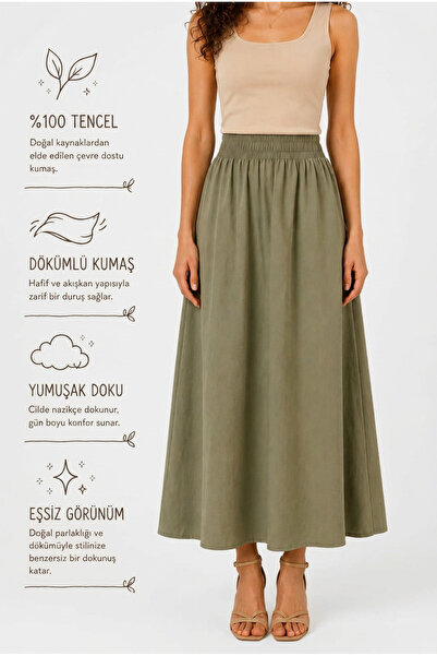 Warasiva Women's Khaki 100% Tencel Fabric Skirt with Elastic Waist and Pocket...