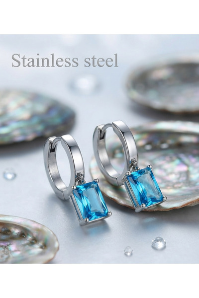 stainless steell Square Blue Zircon Dangling Steel Hoop Earrings