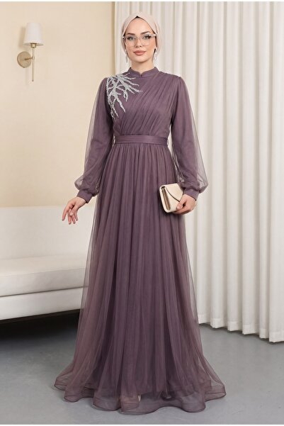 Modamorfo Front Stone Detail Draped Belted Tulle Evening Dress