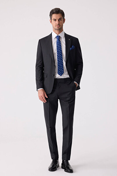 Ysf Erkek Siyah Slim Fit Çizgili %100 Yün Takım Elbise