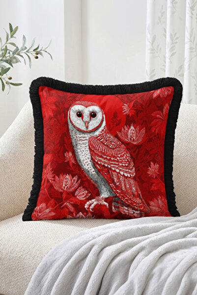 Realhomes Red Owl Figured Flower Motif Black Fringed Throw Pillow Cover - Mod...