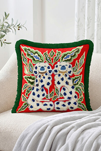Realhomes Red Green Fringed Throw Pillow Cover with Double Dalmatian Dog and ...