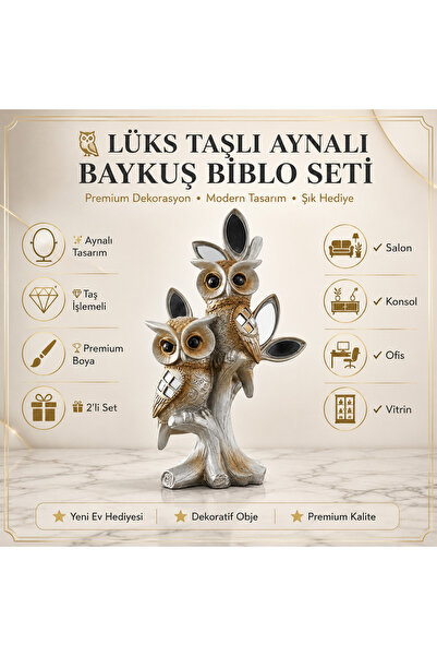 e-life shop Lüks Taşlı Aynalı 2'li Baykuş Biblo Seti Dekoratif Ev Ofis Konsol...
