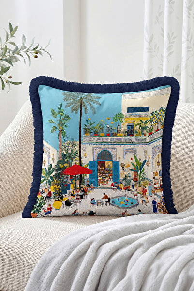Realhomes Palm Tree Courtyard Cafe and Pool View Fringed Throw Pillow Cover R...