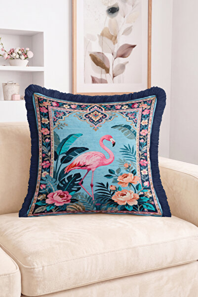 Realhomes Blue Fringed Throw Pillow Cover with Flamingo Bird and Tropical Flo...