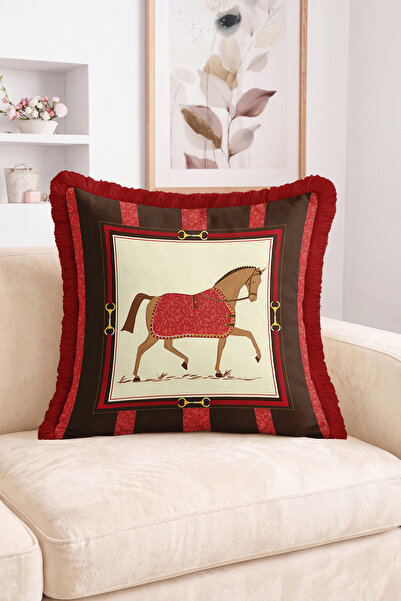 Realhomes Red Cloaked Horse Figured Burgundy Brown Framed Fringed Throw Pillo...