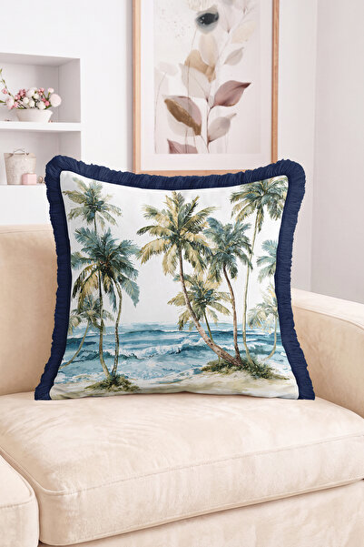 Realhomes Fringed Throw Pillow Cover with Tropical Palm Trees and Sea Wave Pa...