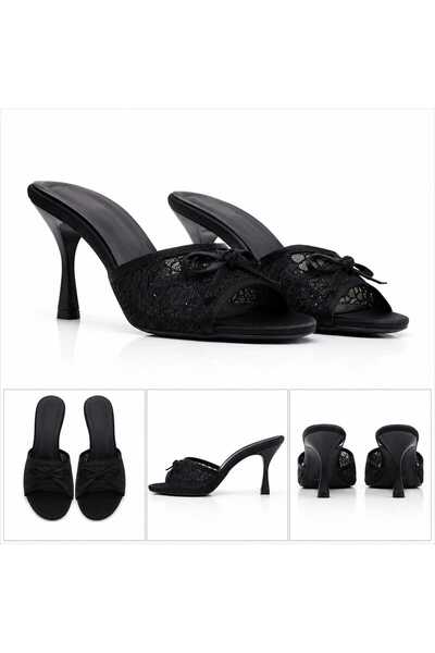 softoria shoes Pantofi de seară cu toc și broderie din plasă neagră pentru femei