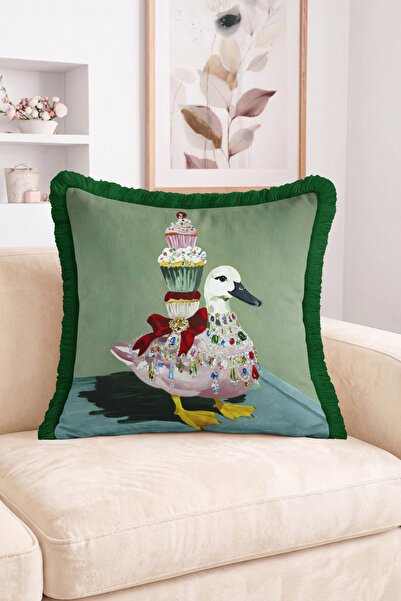 Realhomes Green Floor Fringed Throw Pillow Cover with Crowned and Stoned Duck...