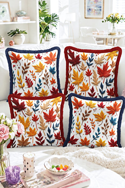 Realhomes Autumn Leaf Patterned 4-Piece Fringed Throw Pillow Cover Set