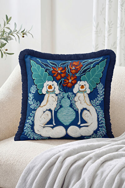 Realhomes Twin White Poodle Dog and Flower Vase Navy Blue Fringed Throw Pillo...