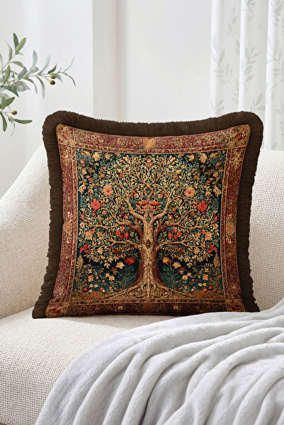 Realhomes Red Fringed Throw Pillow Cover with Tree of Life and Floral Motifs ...