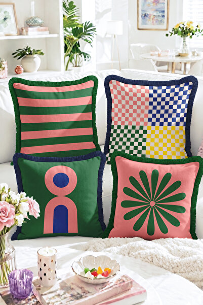 Realhomes Modern 4-Piece Fringed Throw Pillow Cover Set with Geometric Stripe...